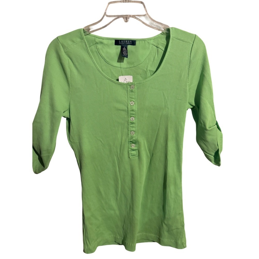 Lauren Ralph Lauren Lime Green Ribbed Henley Top 3/4 Sleeve Scoop Neck S NEW